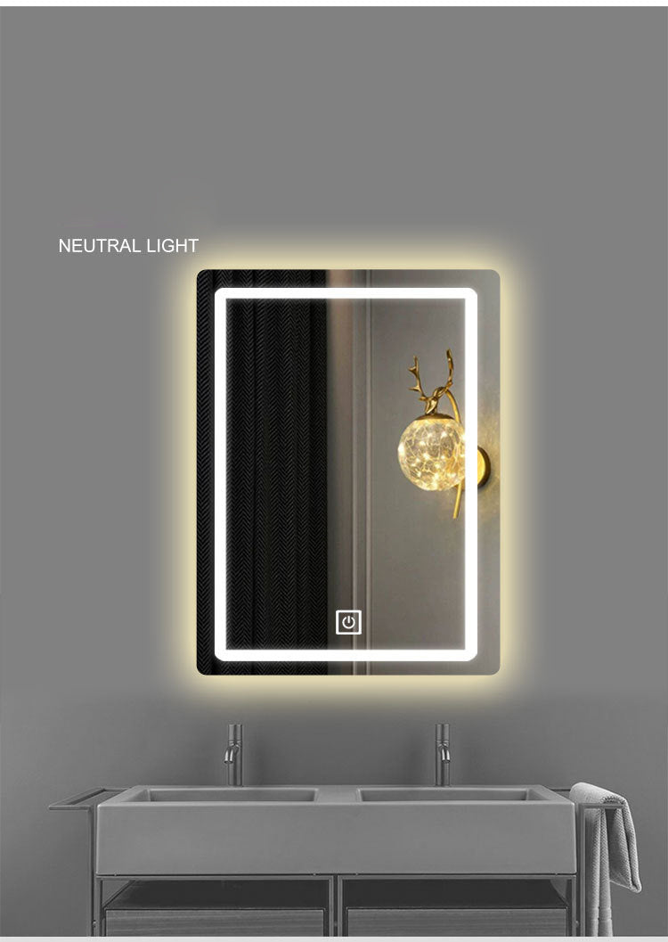 20*28 inch LED Vanity Smart Mirror with time and temperature display, equipped with defogging and gradient 3-color lighting.