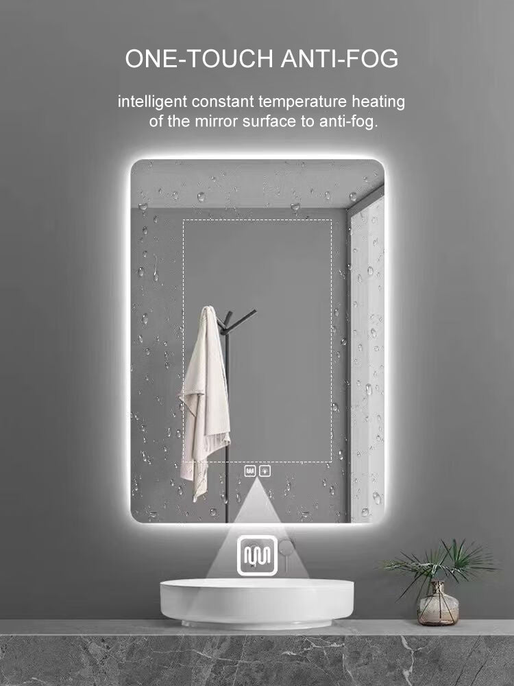 20*28 inch LED Vanity Smart Mirror with time and temperature display, equipped with defogging and gradient 3-color lighting.