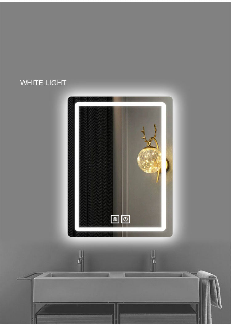 20*28 inch LED Vanity Smart Mirror with time and temperature display, equipped with defogging and gradient 3-color lighting.