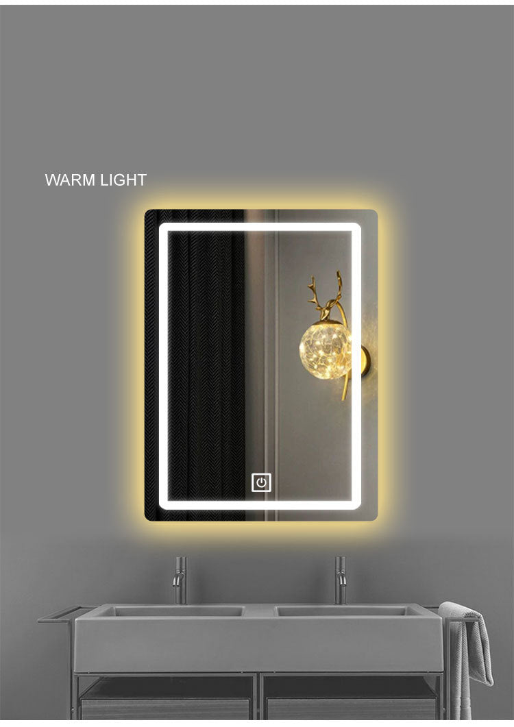 20*28 inch LED Vanity Smart Mirror with time and temperature display, equipped with defogging and gradient 3-color lighting.