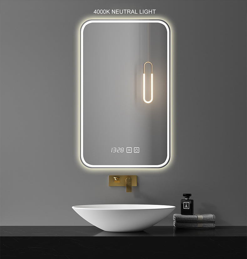 20*28 inch LED Vanity Smart Mirror with time and temperature display, equipped with defogging and gradient 3-color lighting.