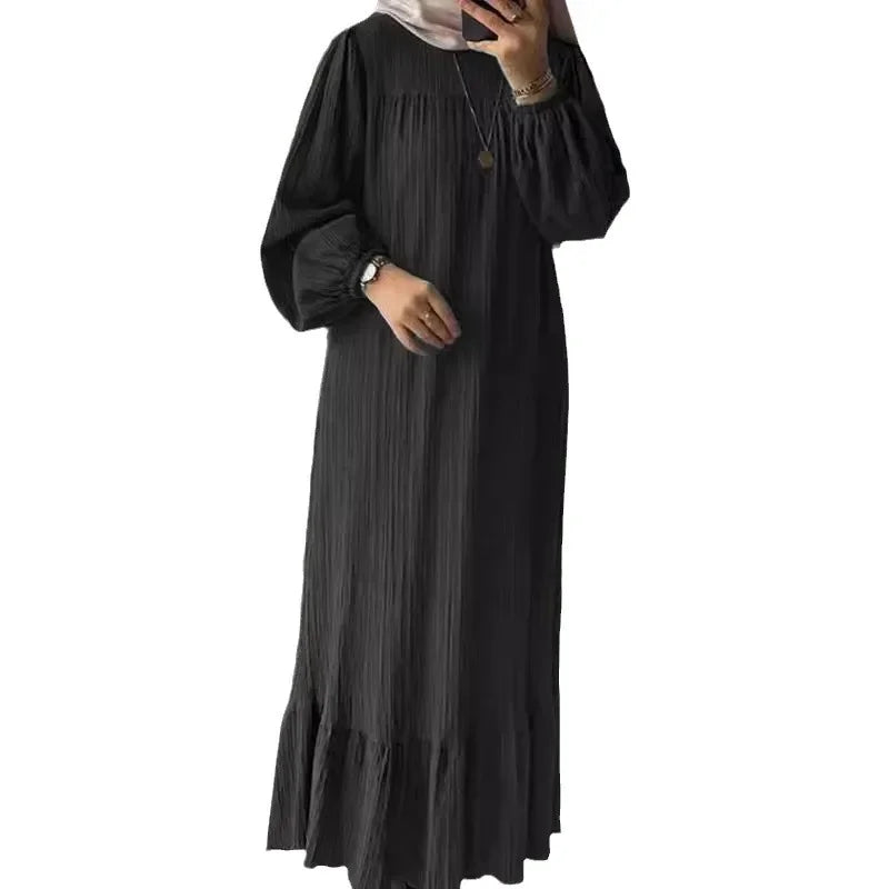 2024 Muslim Women's Robe Spring And Autumn New Fashion Puff Sleeve Vintage Pocket Hem Ruffled Dress