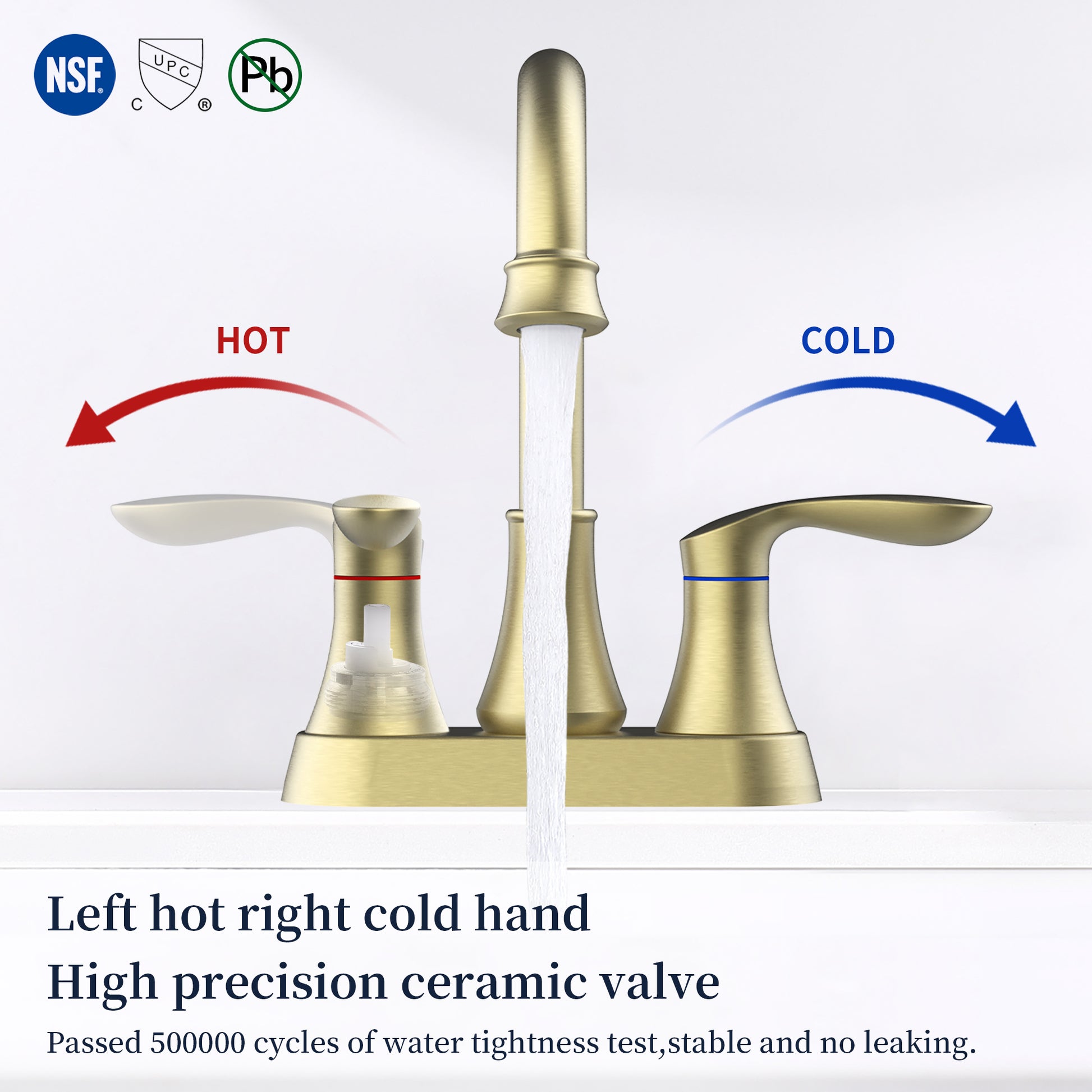 Bathroom Faucet Brushed Gold with Pop-up Drain &amp; Supply Hoses 2-Handle 360 Degree High Arc Swivel Spout Centerset 4 Inch Vanity Sink Faucet