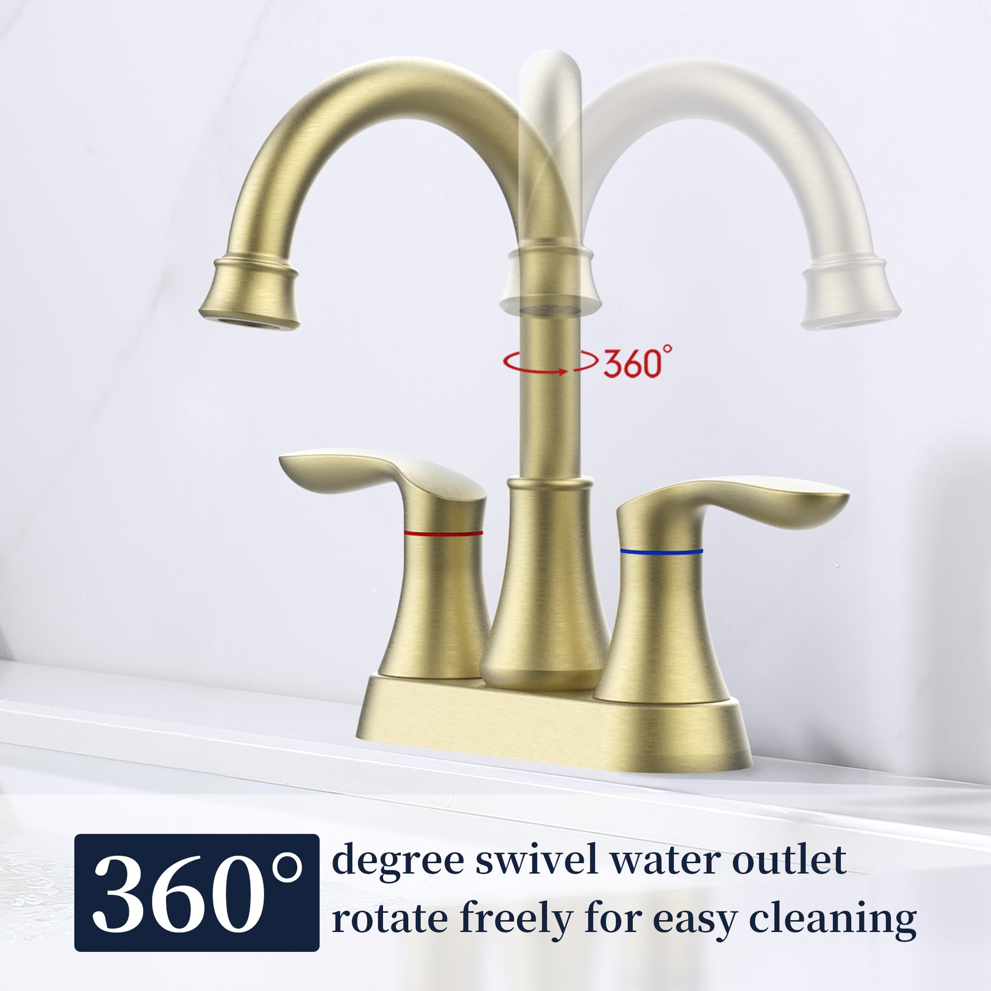 Bathroom Faucet Brushed Gold with Pop-up Drain &amp; Supply Hoses 2-Handle 360 Degree High Arc Swivel Spout Centerset 4 Inch Vanity Sink Faucet
