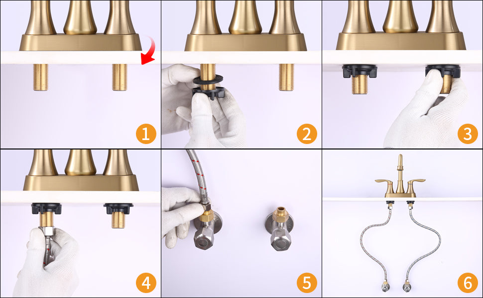 Bathroom Faucet Brushed Gold with Pop-up Drain &amp; Supply Hoses 2-Handle 360 Degree High Arc Swivel Spout Centerset 4 Inch Vanity Sink Faucet