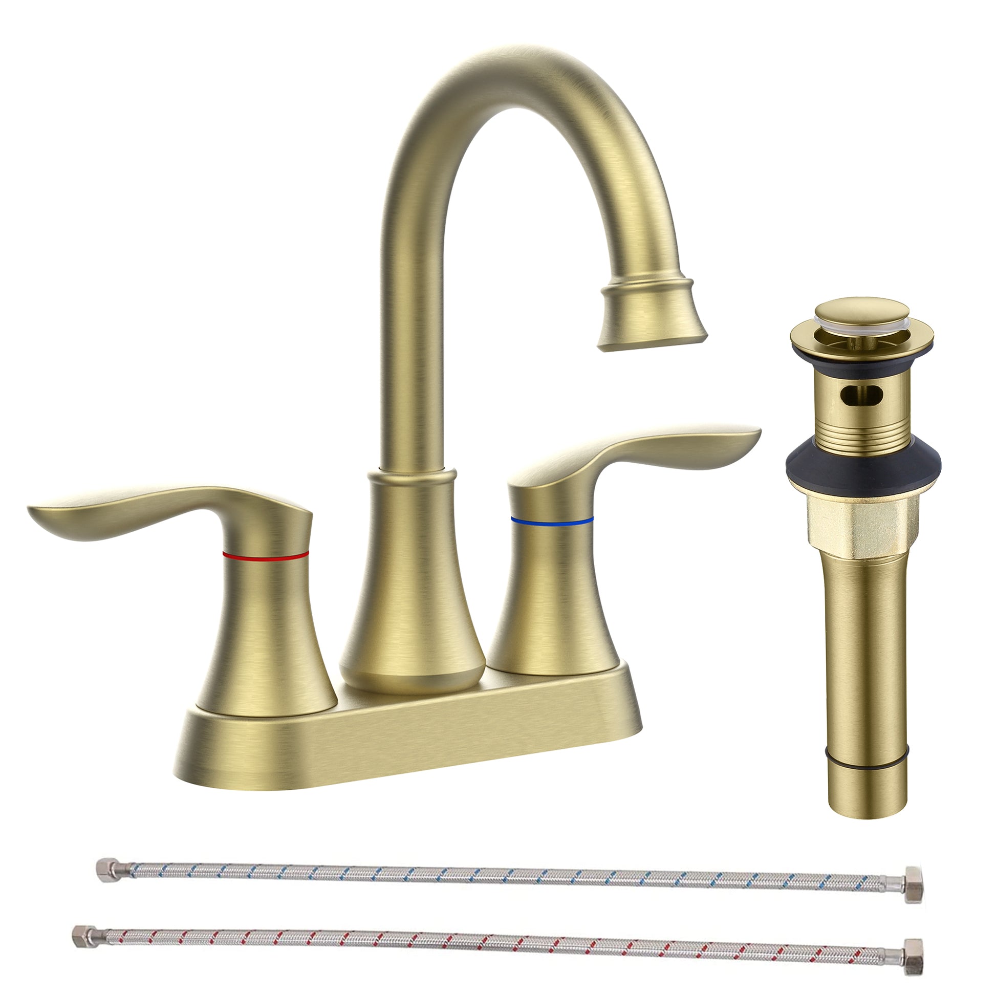 Bathroom Faucet Brushed Gold with Pop-up Drain &amp; Supply Hoses 2-Handle 360 Degree High Arc Swivel Spout Centerset 4 Inch Vanity Sink Faucet