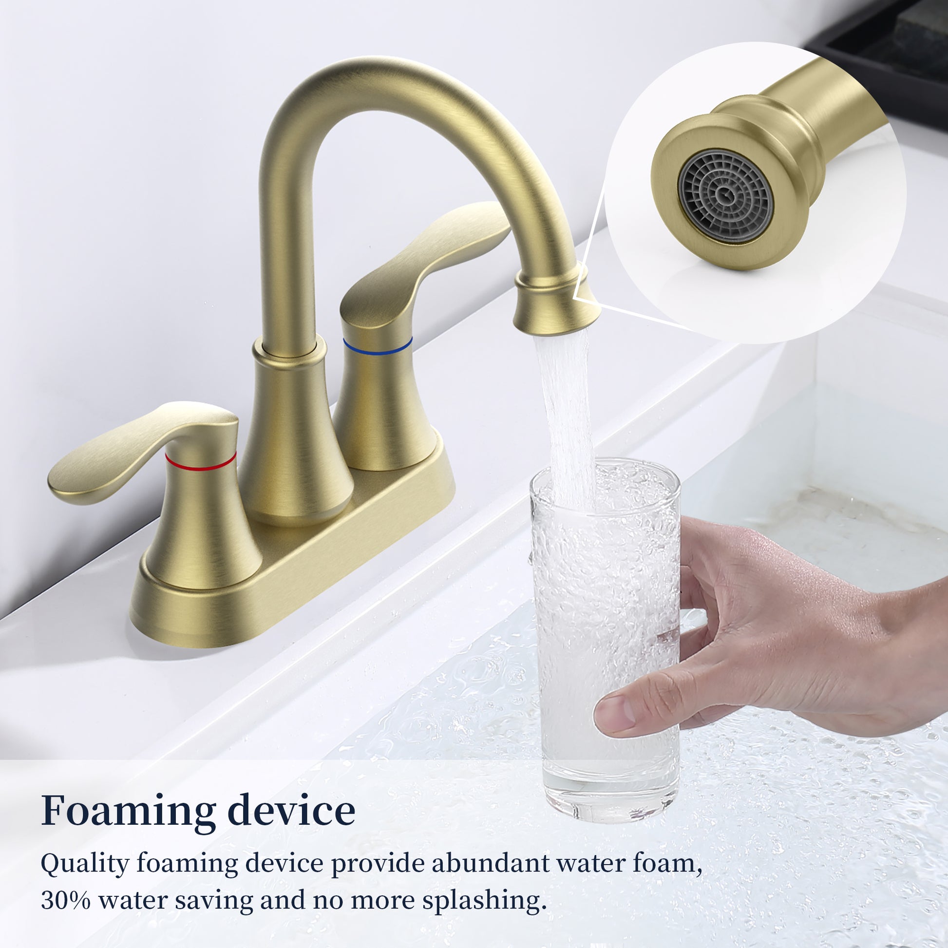 Bathroom Faucet Brushed Gold with Pop-up Drain &amp; Supply Hoses 2-Handle 360 Degree High Arc Swivel Spout Centerset 4 Inch Vanity Sink Faucet