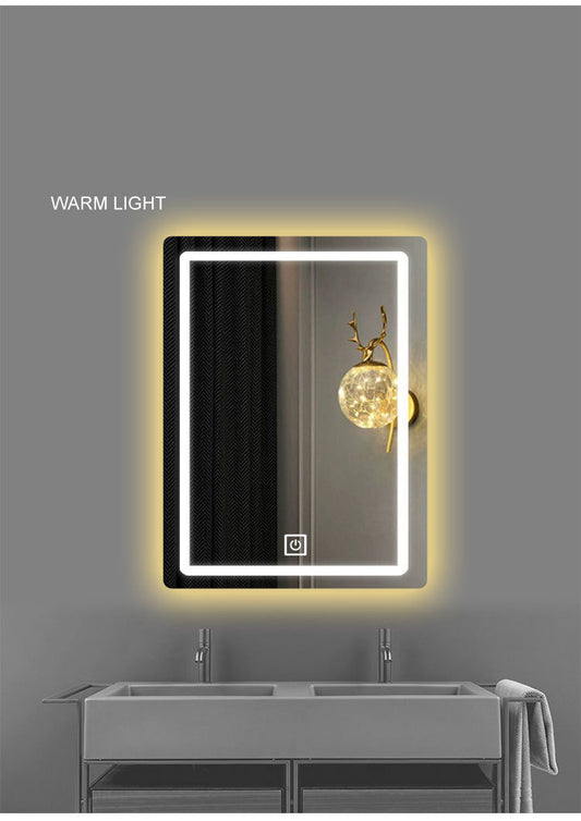 20*28 inch LED Vanity Smart Mirror with time and temperature display, equipped with defogging and gradient 3-color lighting.