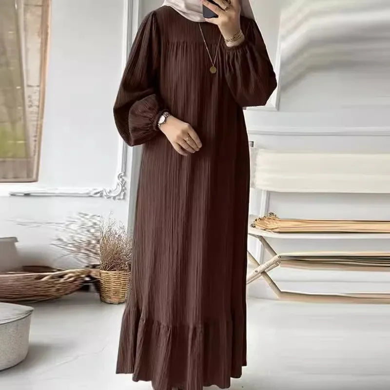 2024 Muslim Women&#039;s Robe Spring And Autumn New Fashion Puff Sleeve Vintage Pocket Hem Ruffled Dress