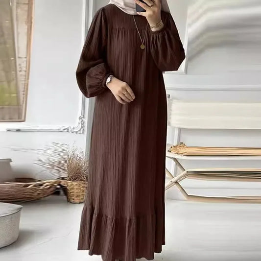 2024 Muslim Women&#039;s Robe Spring And Autumn New Fashion Puff Sleeve Vintage Pocket Hem Ruffled Dress