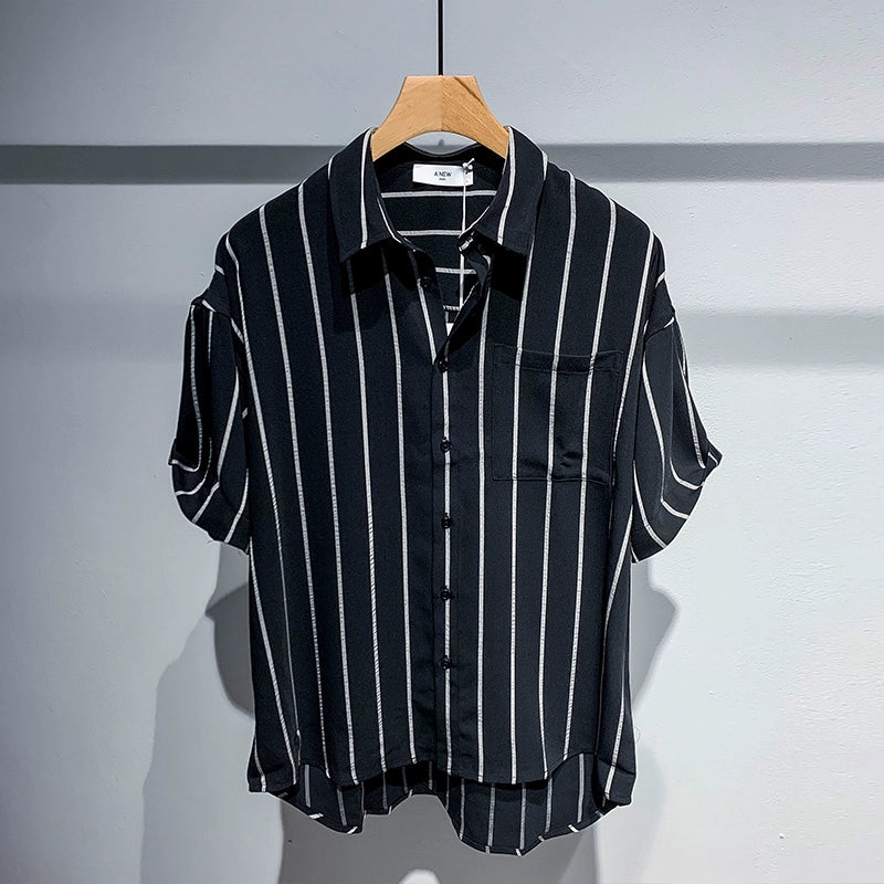 Guweige Comfortable Striped Short-sleeved Shirt Men&#039;s Summer Thin Ice Silk Breathable Loose Casual Middle-sleeved Shirt