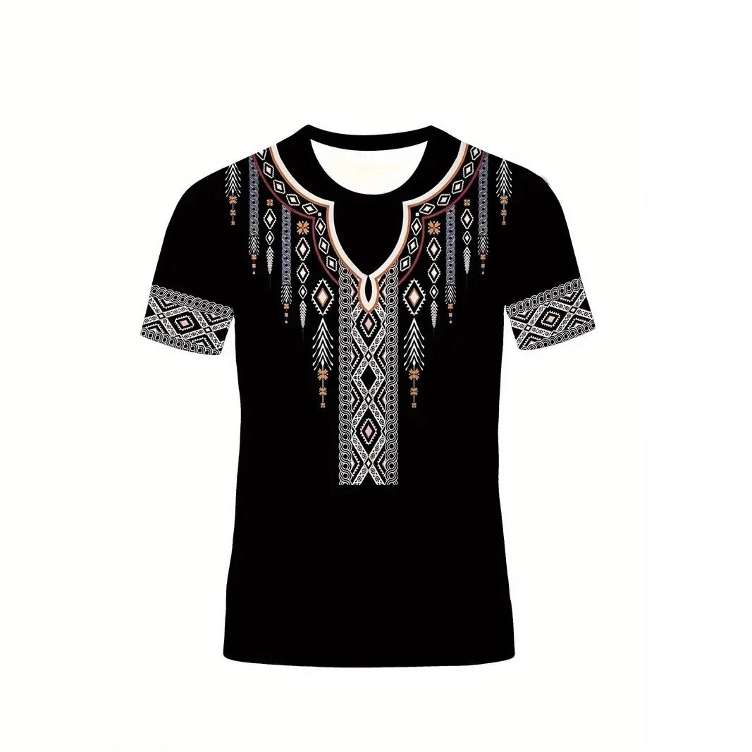 Men&#039;s Casual All-match Loose Breathable Short-sleeved Round Neck T-shirt Hot Selling Classic Retro Tribal Pattern 3D Printing