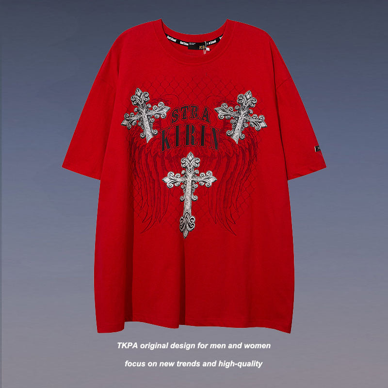 Dark High Street Style Cross European And American Retro Printed Round Neck Short Sleeve T-shirt Loose Trendy Brand For Men And Women Couple
