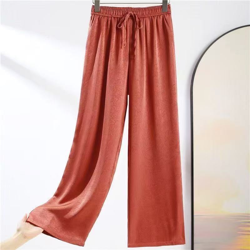 New Chinese Acetic Acid Satin Jacquard Wide Leg Pants Women&#039;s Spring And Summer Thin High Waist Dosing Narrow Style Straight Style National Style Casual Pants
