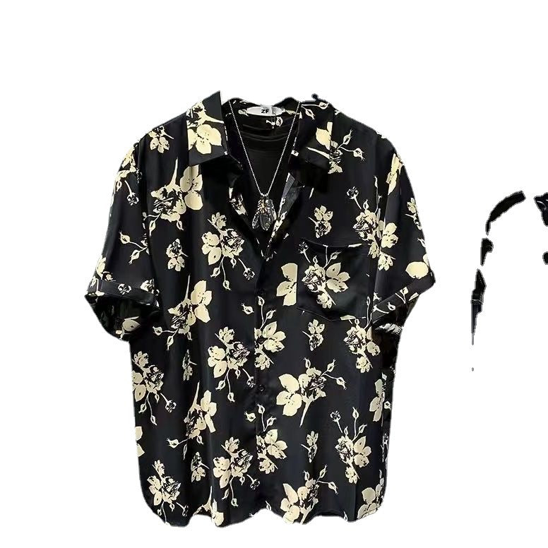 Hong Kong Style Ruffian Handsome Summer New 2023 Men&#039;s Youth Five-point Sleeve Casual Flower Shirt Short-sleeved Handsome Shirt Short-sleeved