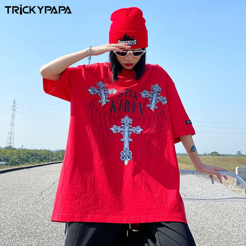 Dark High Street Style Cross European And American Retro Printed Round Neck Short Sleeve T-shirt Loose Trendy Brand For Men And Women Couple