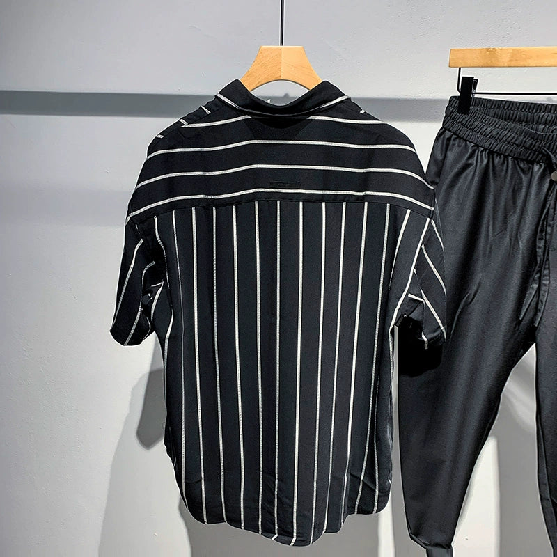 Guweige Comfortable Striped Short-sleeved Shirt Men&#039;s Summer Thin Ice Silk Breathable Loose Casual Middle-sleeved Shirt