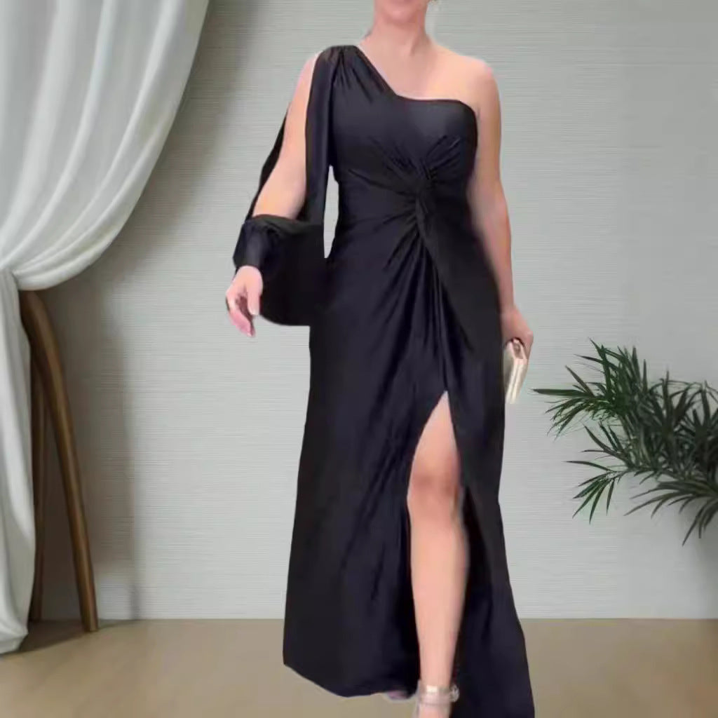 Hot Sale Summer New Inclined Shoulder Knot Split Solid Color Slim Fit Dress