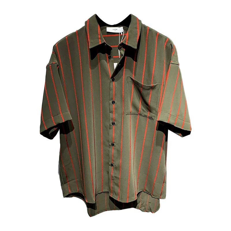 Guweige Comfortable Striped Short-sleeved Shirt Men&#039;s Summer Thin Ice Silk Breathable Loose Casual Middle-sleeved Shirt