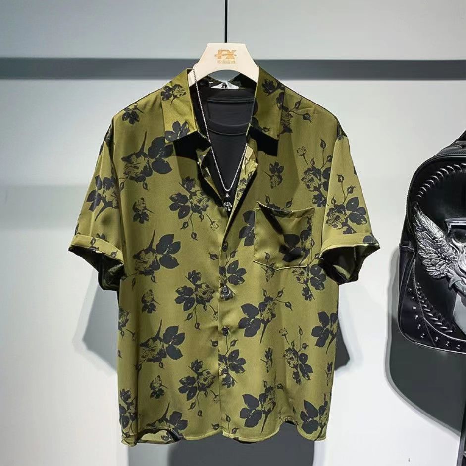 Hong Kong Style Ruffian Handsome Summer New 2023 Men&#039;s Youth Five-point Sleeve Casual Flower Shirt Short-sleeved Handsome Shirt Short-sleeved