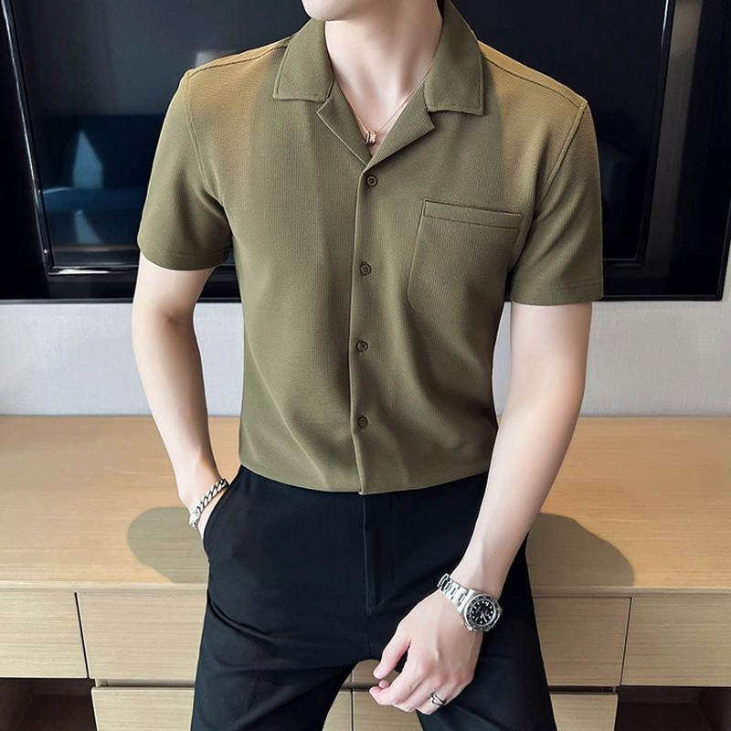 Men&#039;s Ice Silk Waffle Cuban Collar Shirt - Perfect for British Yuppie Summer Style