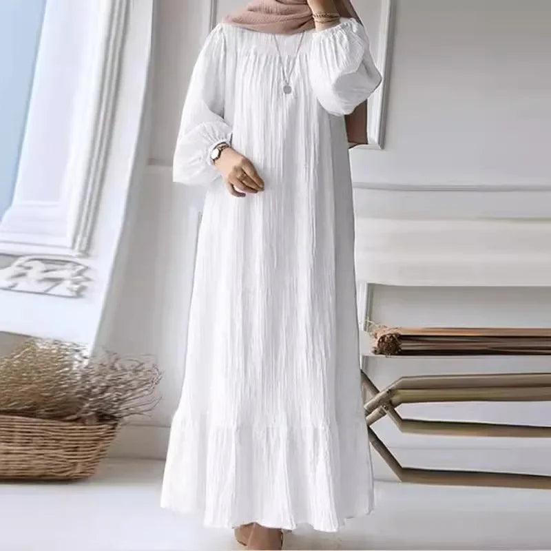 2024 Muslim Women&#039;s Robe Spring And Autumn New Fashion Puff Sleeve Vintage Pocket Hem Ruffled Dress