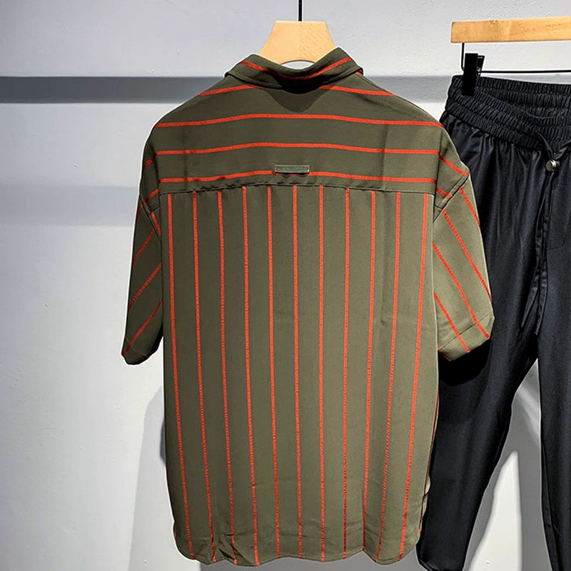 Guweige Comfortable Striped Short-sleeved Shirt Men&#039;s Summer Thin Ice Silk Breathable Loose Casual Middle-sleeved Shirt