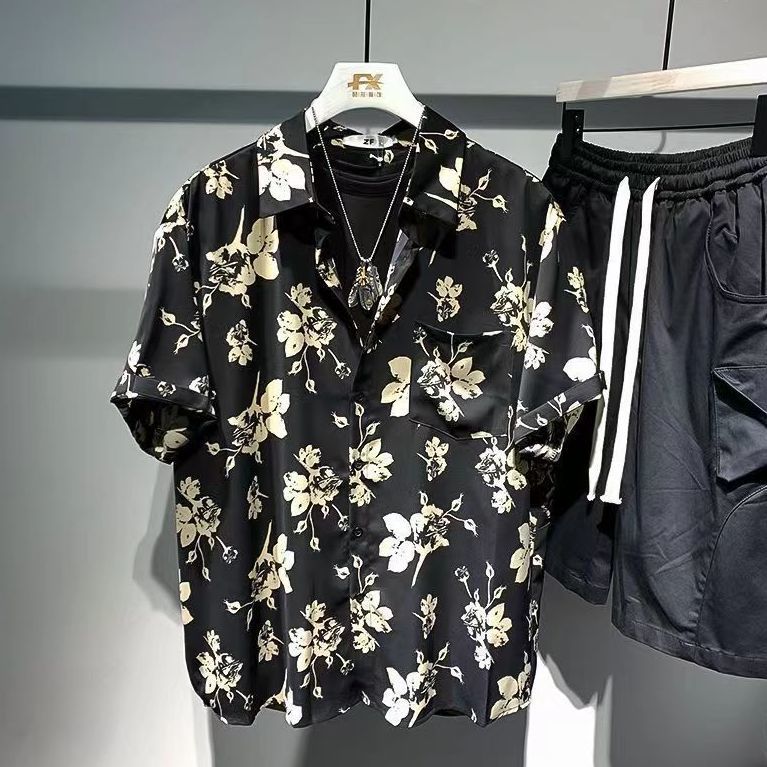 Hong Kong Style Ruffian Handsome Summer New 2023 Men&#039;s Youth Five-point Sleeve Casual Flower Shirt Short-sleeved Handsome Shirt Short-sleeved