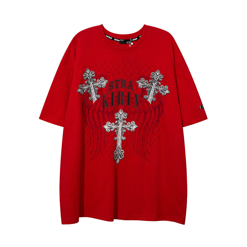 Dark High Street Style Cross European And American Retro Printed Round Neck Short Sleeve T-shirt Loose Trendy Brand For Men And Women Couple