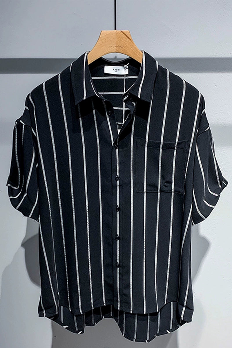 Guweige Comfortable Striped Short-sleeved Shirt Men&#039;s Summer Thin Ice Silk Breathable Loose Casual Middle-sleeved Shirt