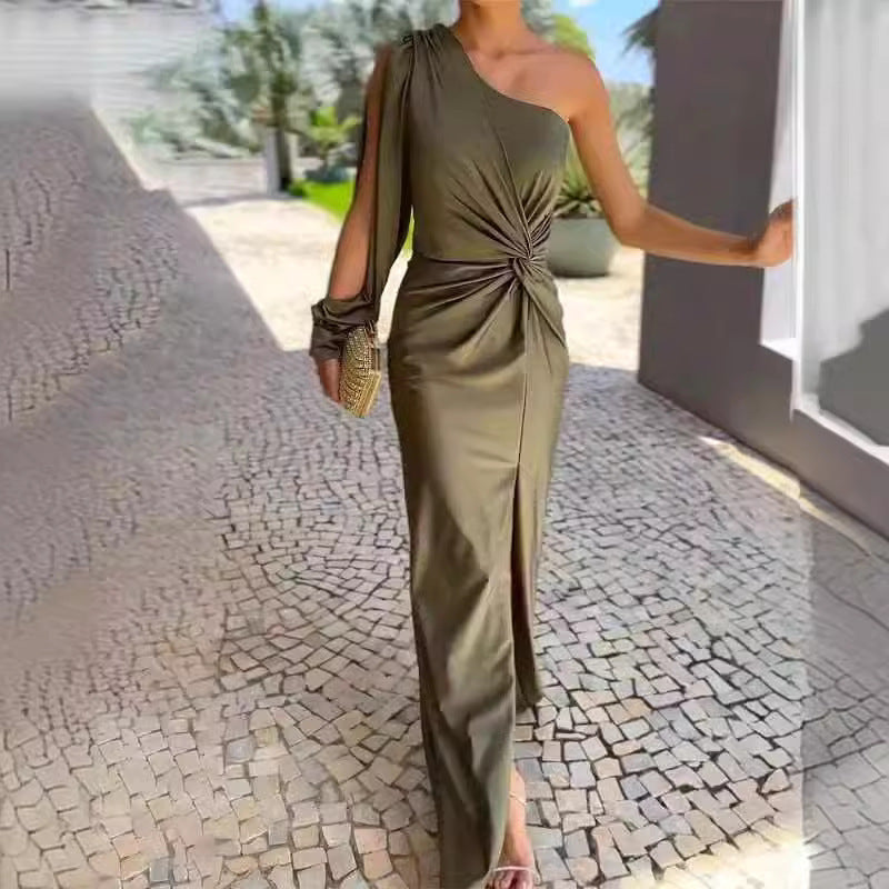 Hot Sale Summer New Inclined Shoulder Knot Split Solid Color Slim Fit Dress