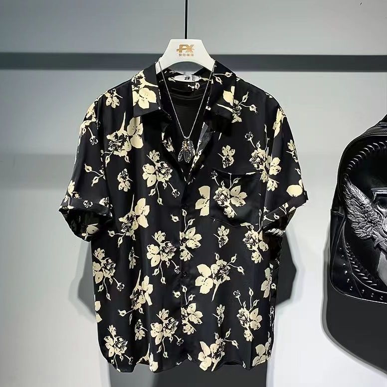 Hong Kong Style Ruffian Handsome Summer New 2023 Men&#039;s Youth Five-point Sleeve Casual Flower Shirt Short-sleeved Handsome Shirt Short-sleeved