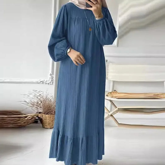 2024 Muslim Women&#039;s Robe Spring And Autumn New Fashion Puff Sleeve Vintage Pocket Hem Ruffled Dress