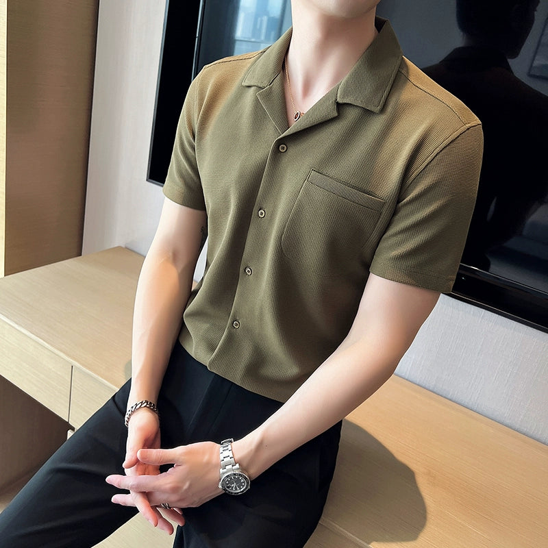 Men&#039;s Ice Silk Waffle Cuban Collar Shirt - Perfect for British Yuppie Summer Style