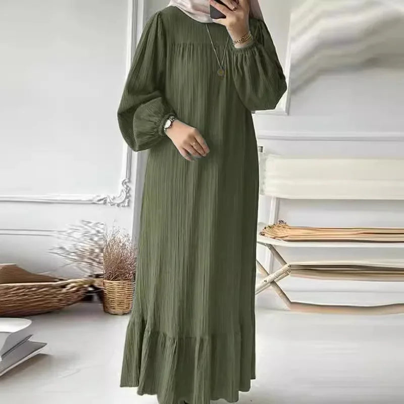 2024 Muslim Women&#039;s Robe Spring And Autumn New Fashion Puff Sleeve Vintage Pocket Hem Ruffled Dress