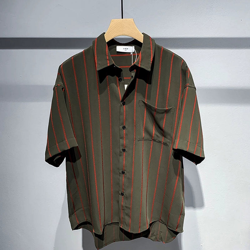 Guweige Comfortable Striped Short-sleeved Shirt Men&#039;s Summer Thin Ice Silk Breathable Loose Casual Middle-sleeved Shirt