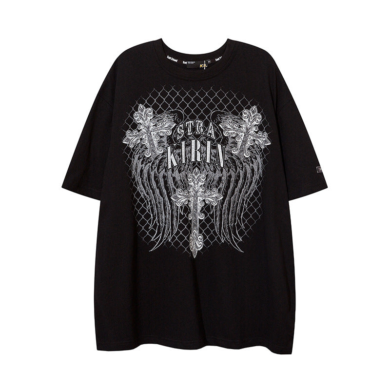 Dark High Street Style Cross European And American Retro Printed Round Neck Short Sleeve T-shirt Loose Trendy Brand For Men And Women Couple
